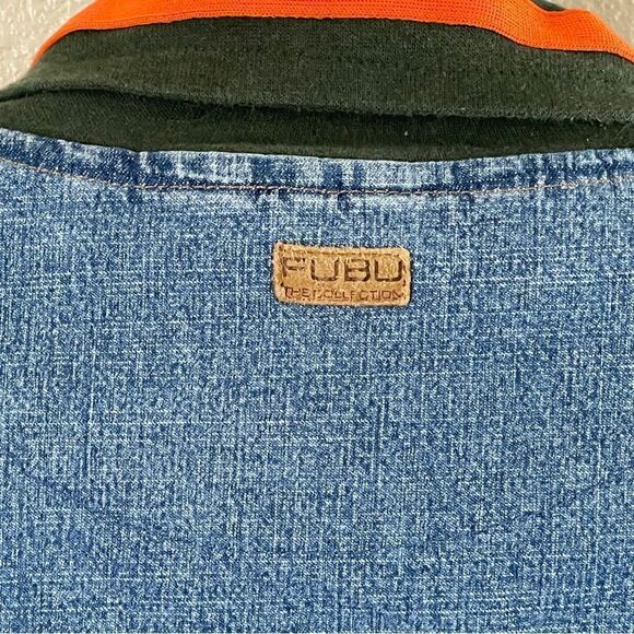 Vintage Fubu Women's Denim Zip Up Jacket with Orange and Green Stripe Accents L - Picture 8 of 16